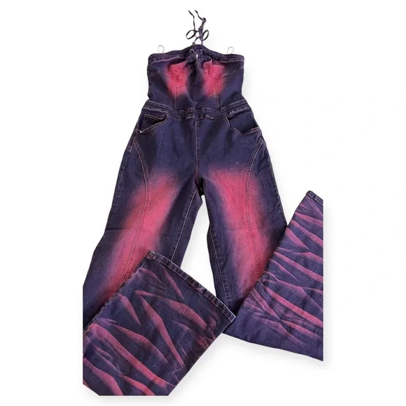 Fashion Nova Women’s More Drama Denim Jumpsuit - Dark Wash Sz Medium RN 149052 - Picture 2 of 16